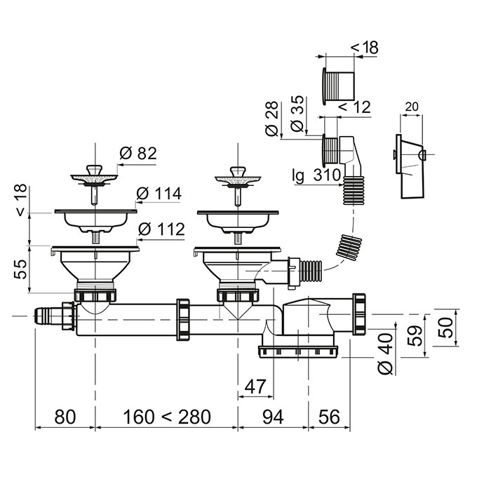 VIDAGE COMPLET EVIER 2 BACS Ø90 mm extraplat - ESPACE02