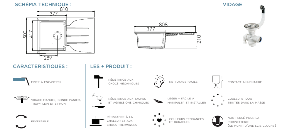 EVIER à encastrer ALOA-SMC-NOIR - 1 BAC - noir pailleté