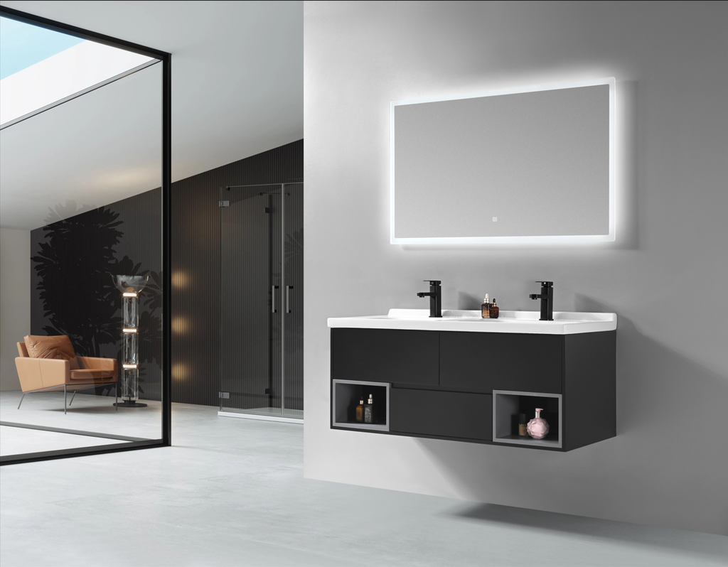 MEUBLE SALLE DE BAIN DOUBLE VASQUE AVEC MIROIR LED - LAINI NOIR