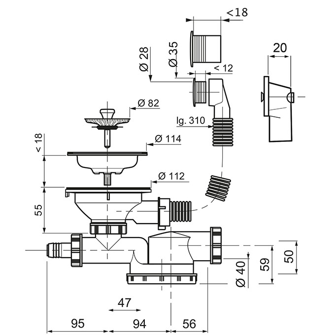 VIDAGE COMPLET EVIER 1 BACØ90 mm extraplat - ESPACE01