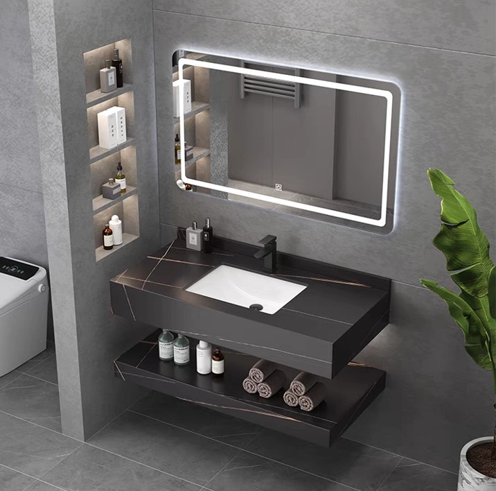 MEUBLE SALLE DE BAIN SIMPLE VASQUE NOIR AVEC MIROIR LED - FLAMME-80