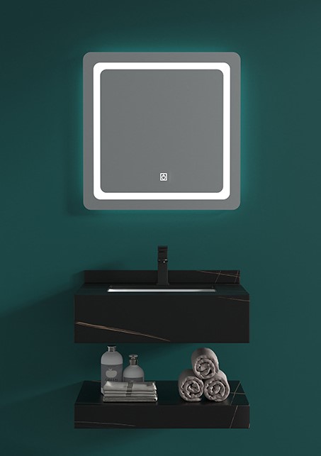 MEUBLE SALLE DE BAIN SIMPLE VASQUE NOIR AVEC MIROIR LED - FLAMME-60