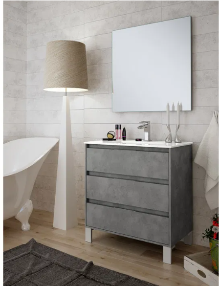 MEUBLE SALLE DE BAIN + VASQUE + MIROIR + PIEDS - CORFU-80 CM - CEMENTO