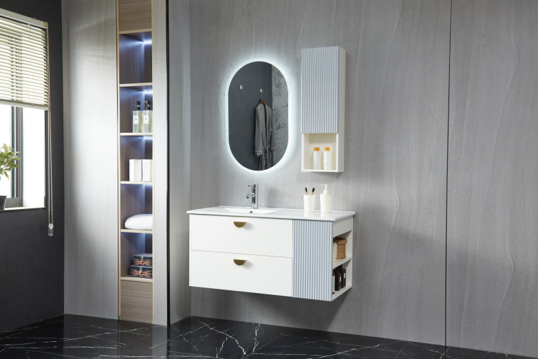 MEUBLE SALLE DE BAIN SIMPLE VASQUE AVEC MIROIR LED ET COLONNE - RIKI - 90CM