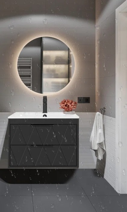 MEUBLE SALLE DE BAIN SIMPLE VASQUE AVEC MIROIR LED ROND - SABINE - 80CM - NOIR