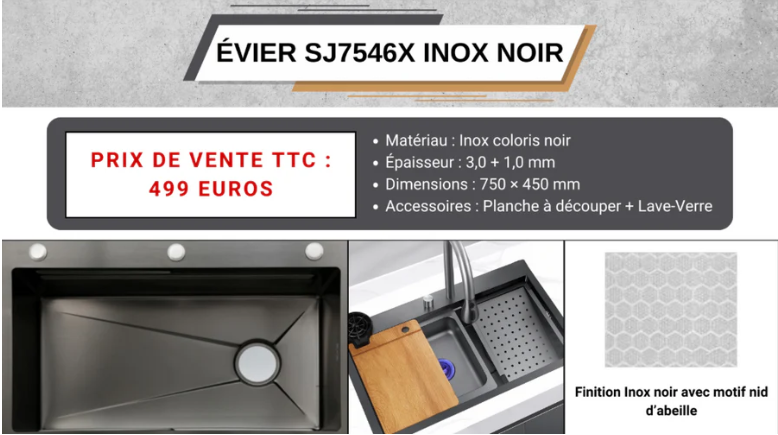 EVIER INOX 750*450 NOIR - ELIAS