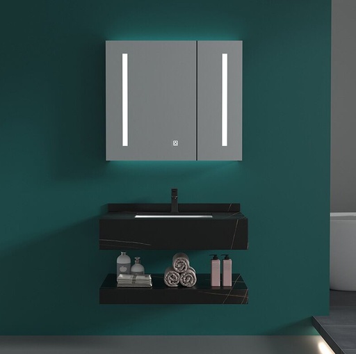 [SP-8399B-80] MEUBLE SALLE DE BAIN SIMPLE VASQUE NOIR AVEC MIROIR LED - FLAMME-80
