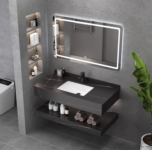 [SP-8399B-80] MEUBLE SALLE DE BAIN SIMPLE VASQUE NOIR AVEC MIROIR LED - FLAMME-80