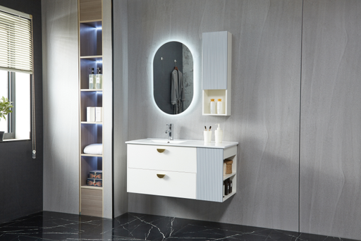 [SPV-2054] MEUBLE SALLE DE BAIN SIMPLE VASQUE AVEC MIROIR LED ET COLONNE - RIKI - 90CM