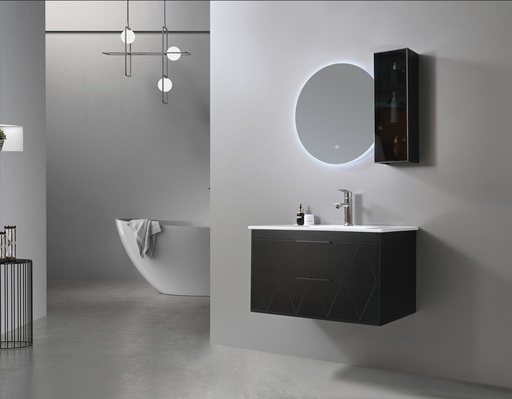 [SPV-2080B] MEUBLE SALLE DE BAIN SIMPLE VASQUE AVEC MIROIR LED ROND - SABINE - 80CM - NOIR